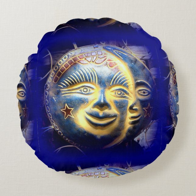 Sonnengesicht/Mondgesichtswurf Rundes Kissen (Vorderseite)