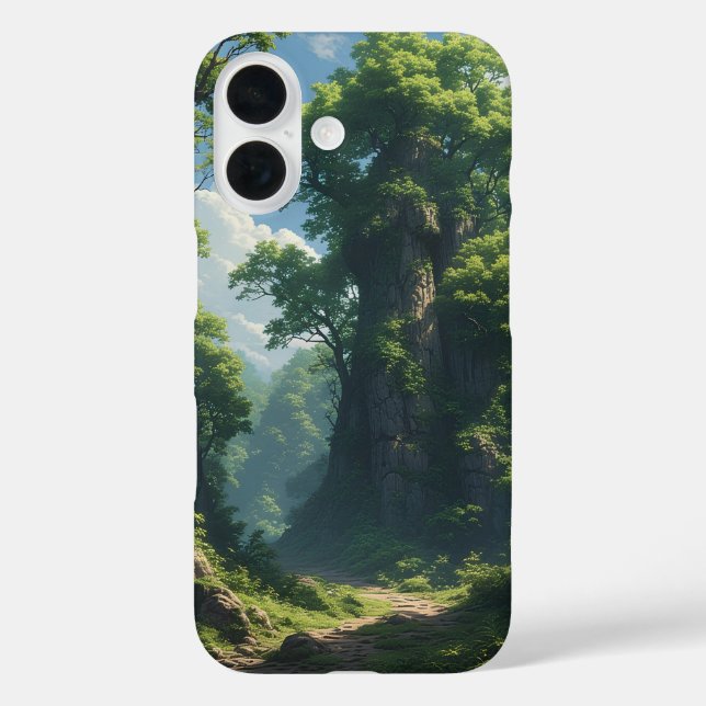 Sonnengesprenkelter Waldweg iPhone 16 Hülle (Rückseite)