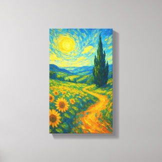 Sonnenlichtweg durch lebendige Sonnenblumenfelder Leinwanddruck