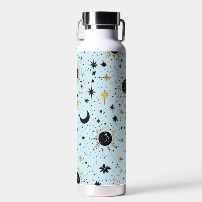 Sonnenmondstars aus Schwarz, Gold und Blau Trinkflasche (Vorne)