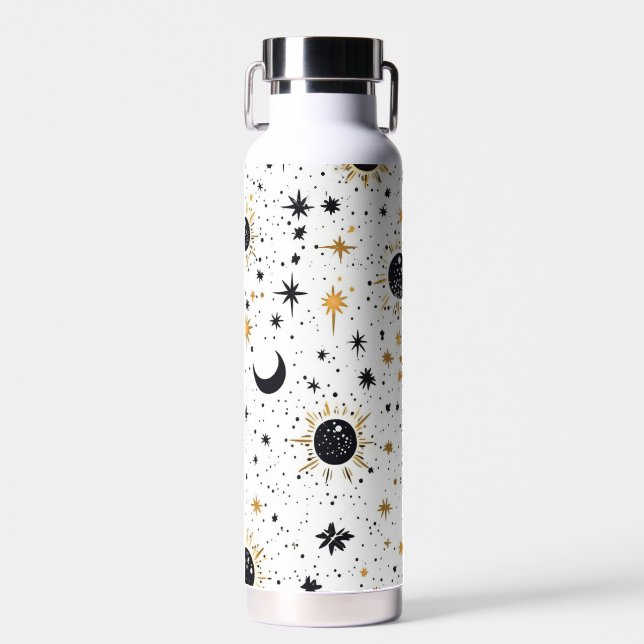 Sonnenmondstars aus Schwarz und Gold Trinkflasche (Vorne)