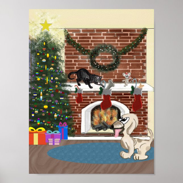 Sonnennacht vor Weihnachten Katze Illustration Poster (Vorne)