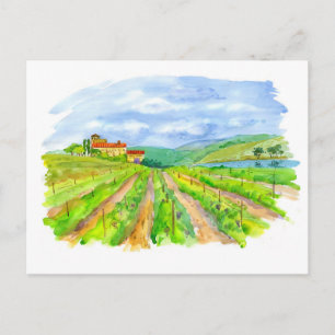 Sonnenreiches Weingut mit Seewasserfarbenlandschaf Postkarte