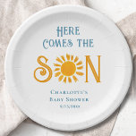 Sonnenschein Baby-Dusche kommt der Sohn Pappteller<br><div class="desc">Niedliche Sonnenduschenpapiertafel mit Aquarellbild einer gelben Sonne und "Here kommt the Son" in stilvoller Retroblau-Typografie. Ideal für eine Babydusche. Einfach anpassbar. Original Wasserfarbe © Michele Davies.</div>