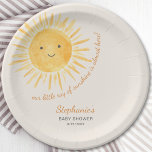 Sonnenschein-Babydusche Pappteller<br><div class="desc">Planen Sie eine Babydusche zum Thema Sonne? Auf dieser niedlichen Babyduschplatte steht "Unser kleiner Sonnenschein ist fast hier" in stilvoller Schrift-Typografie mit einer lächelnden gelben Aquarellsonne auf einem weichen cremefarbenen Hintergrund. Einfach anpassbar. In meinem Geschäft sind passende Papierservietten und Tassen. Original Wasserfarbe © Michele Davies,  exklusiv zu Zazzle.</div>