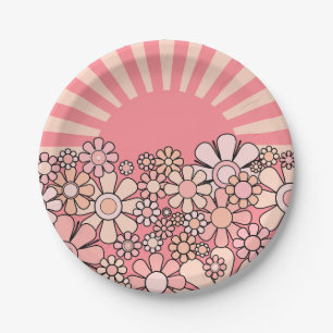 Sonnenschein Retro Garden Groovy Pink Blume & Sun Pappteller