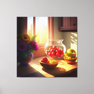 Sonnenschein-Schüssel mit Obst und Blume 11 Leinwanddruck