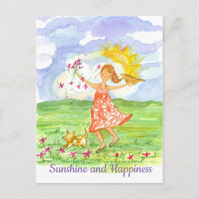 Sonnenschein und Glück Mädchen Hund Inspiration Postkarte (Vorderseite)