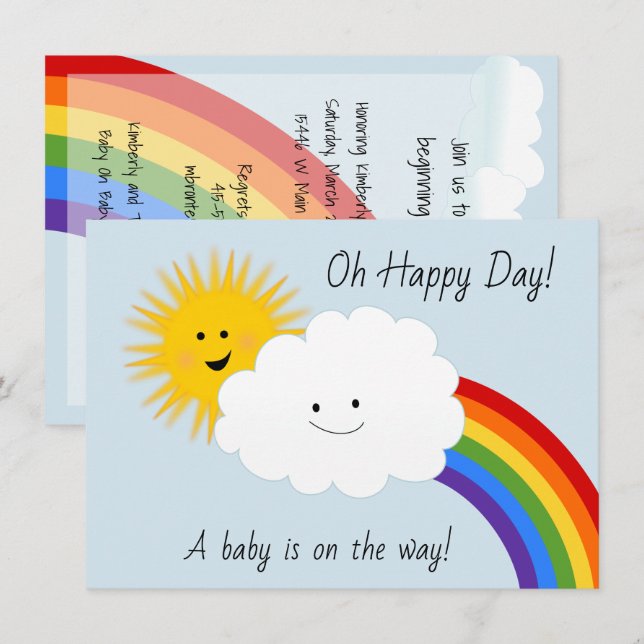 Sonnenschein und Regenbogen Babydusche Einladung (Vorne/Hinten)