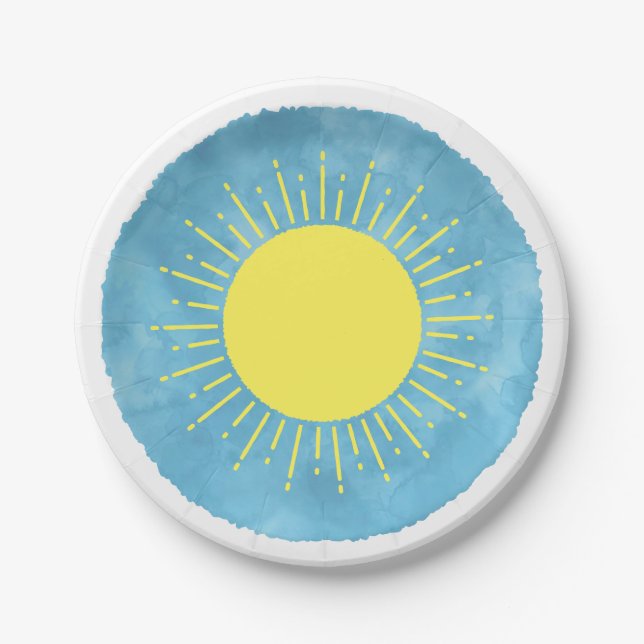 Sonnenschein Wasserfarbe Babydusche im Hintergrund Pappteller (Vorderseite)