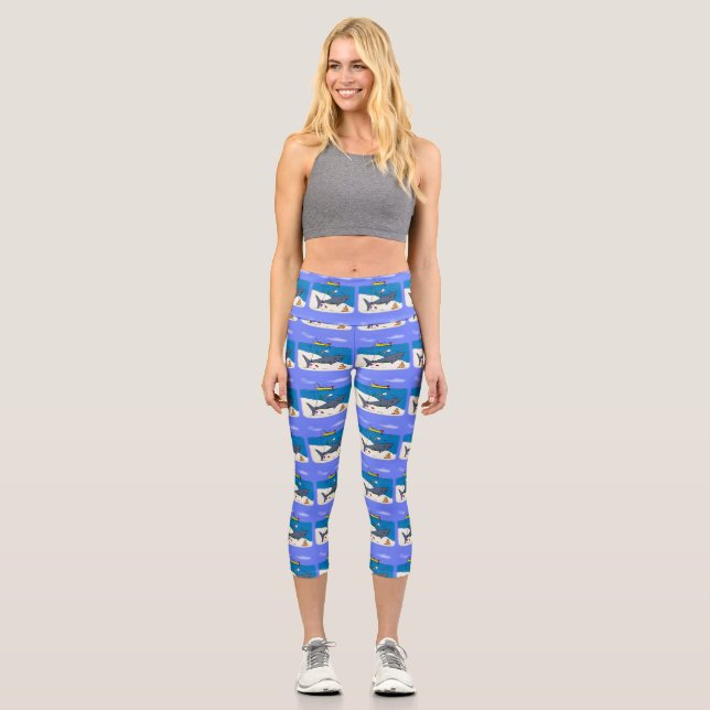 Sonnenschlafhai und Fischerei Cartoon Capri Leggings (Vorderseite)