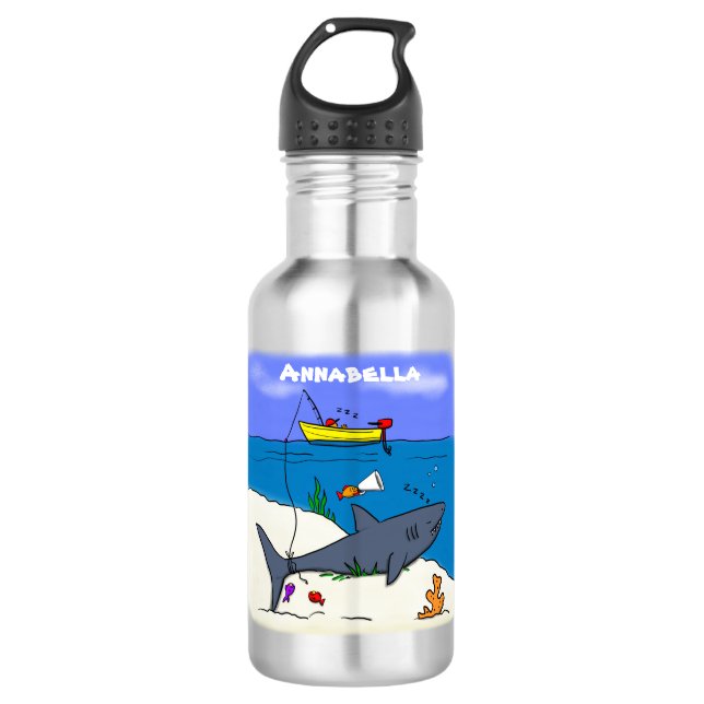 Sonnenschlafhai und Fischerei Cartoon Edelstahlflasche (Vorderseite)