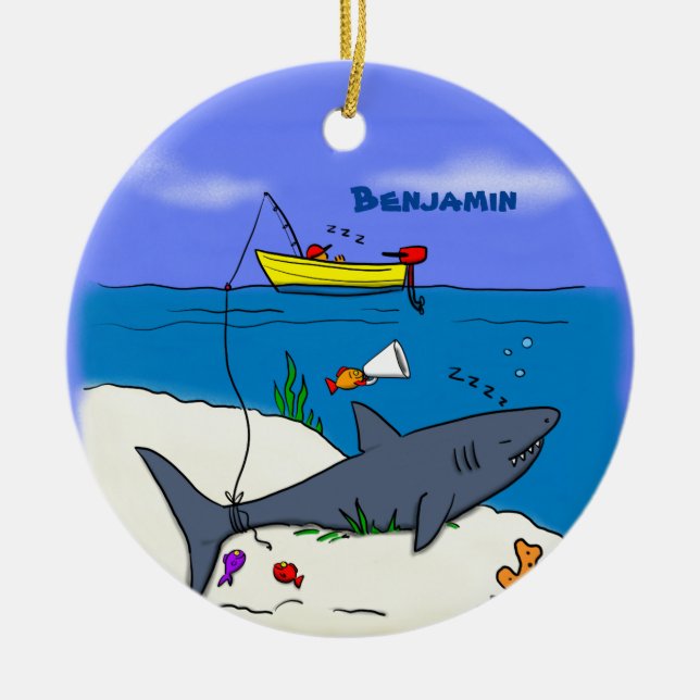 Sonnenschlafhai und Fischerei Cartoon Keramik Ornament (Vorne)