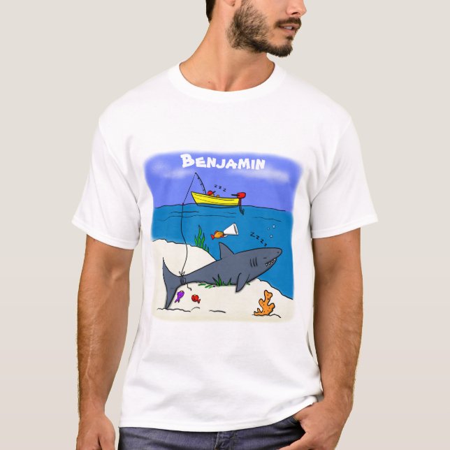 Sonnenschlafhai und Fischerei Cartoon T-Shirt (Vorderseite)