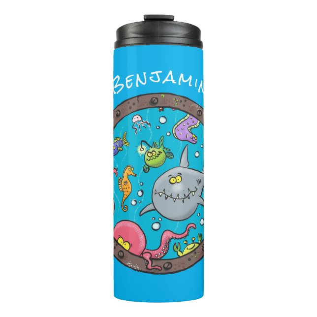 Sonnenseebewohner unter Wasser zeichnend Cartoon Thermosbecher (Vorderseite)