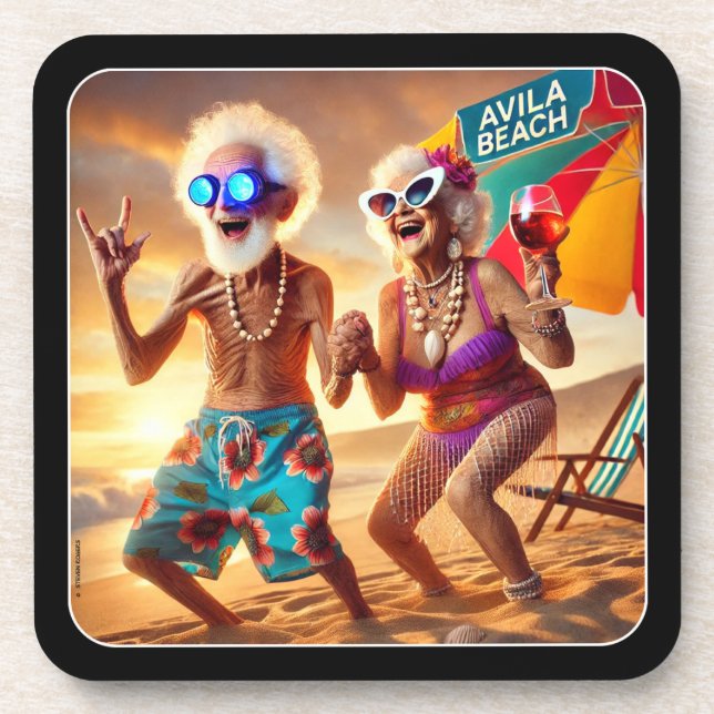 SONNENSENIOREN AM STRAND VON AVILA. SET VON 6. GETRÄNKEUNTERSETZER (Vorderseite)