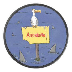 Sonnensevogel umkreist von Haifischen Cartoon Eishockey Puck