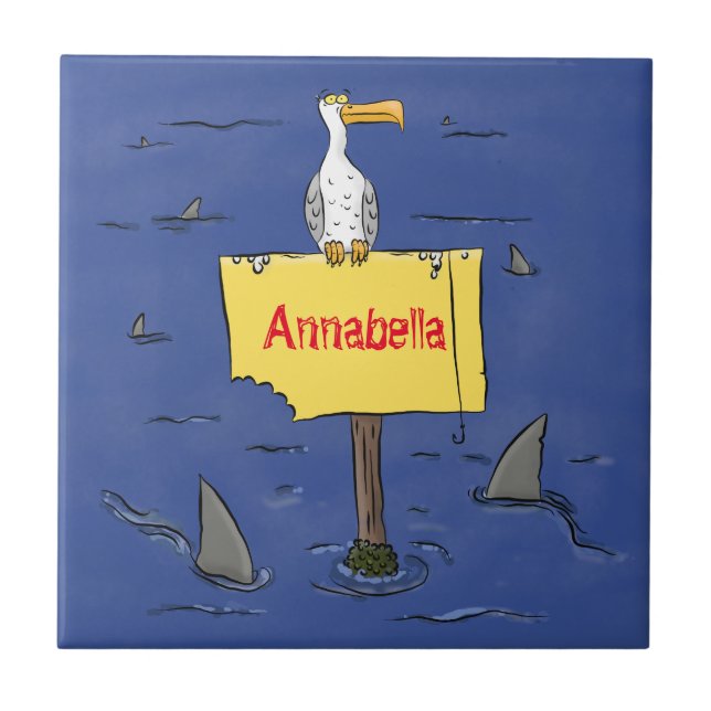 Sonnensevogel umkreist von Haifischen Cartoon Fliese (Vorderseite)