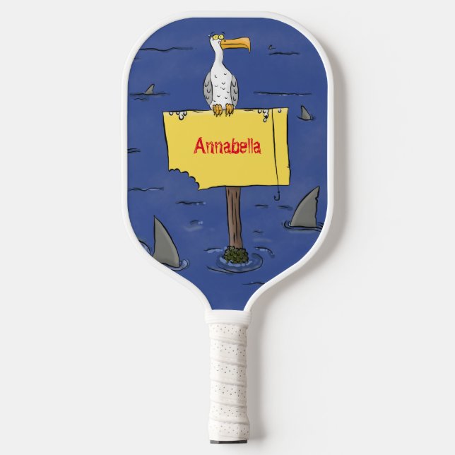 Sonnensevogel umkreist von Haifischen Cartoon Pickleball Schläger (Vorderseite)
