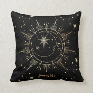 Sonnenstars aus Himmelsschwarz und Goldenem Mond Kissen