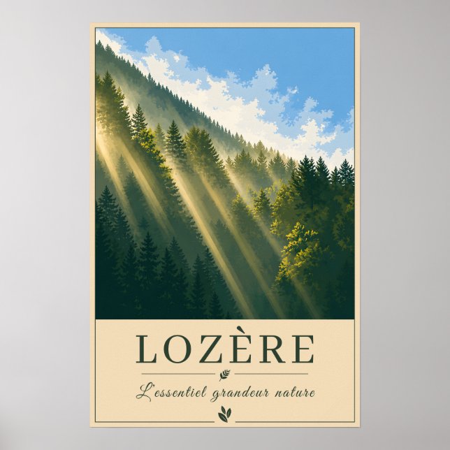 Sonnenstrahlen durch den Bergwald Poster (Vorne)