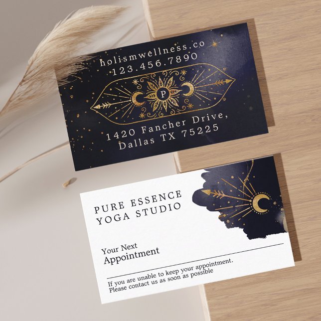 Sonnenstrahlen und dunkle Mondfarben Terminkarte (Holistic Celestial Sun & Moon Dark Ink Monogram Appointment Card)
