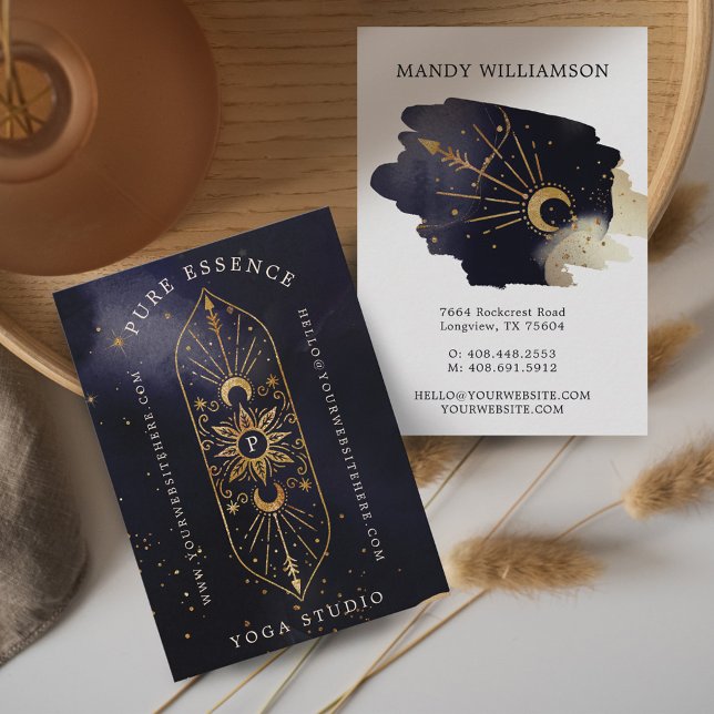 Sonnenstrahlen und dunkle Mondfarben Visitenkarte (Holistic Celestial Sun & Moon Dark Ink Monogram Business Card)