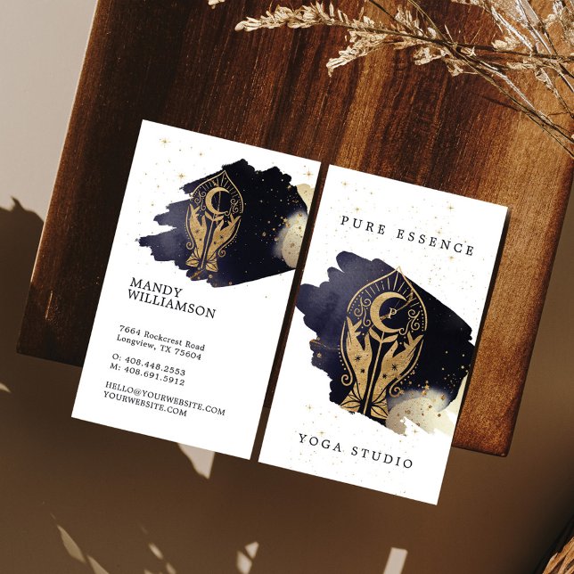 Sonnenstrahlen und dunkle Mondfarben Visitenkarte (Holistic Hands Sun & Moon Dark Ink Monogram Business Card)