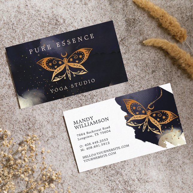 Sonnenstrahlen und Mondbraten Visitenkarte (Holistic Celestial Sun & Moon Butterfly Dark Ink Business Card)