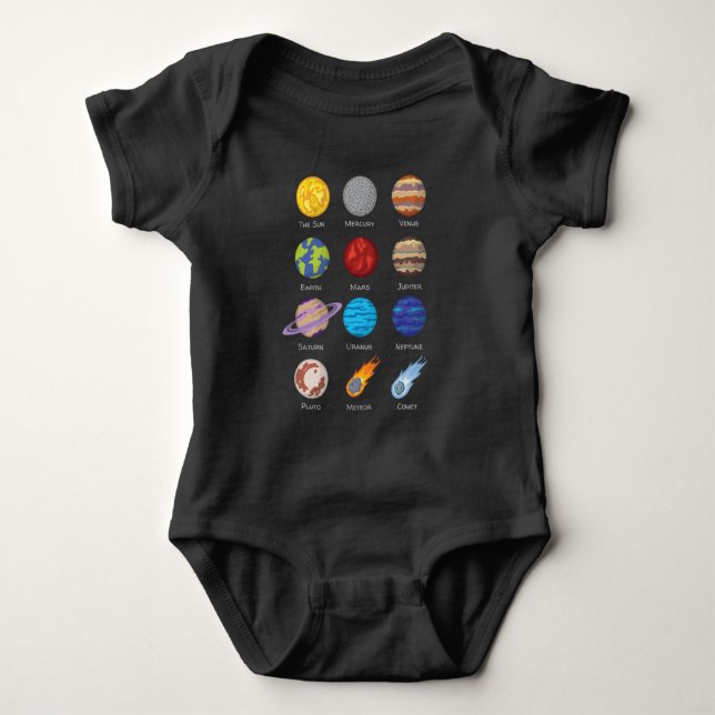 Sonnensystem, zeichnend Cartoon der Planeten Baby Strampler (Vorderseite)