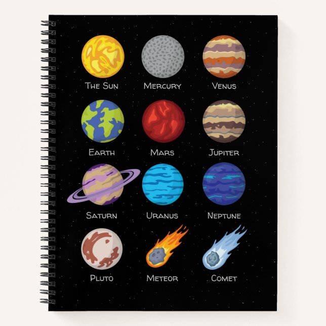 Sonnensystem, zeichnend Cartoon der Planeten Noteb Notizbuch (Vorderseite)