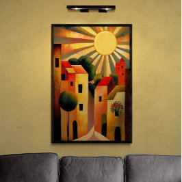 Sonnentag in Kleinstadt AI Art Retro Illustration Poster