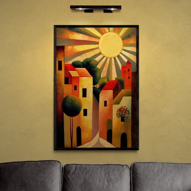 Sonnentag in Kleinstadt AI Art Retro Illustration Poster (Von Creator hochgeladen)
