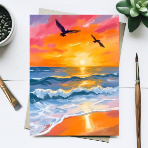 Sonnenuntergang am goldenen Ozean Aquarell-Strandm Postkarte