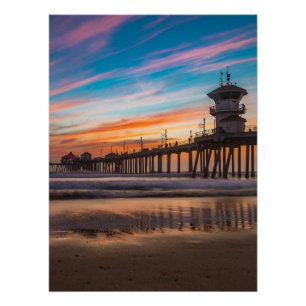 Sonnenuntergang am Huntington Beach Pier in Kalifo Poster