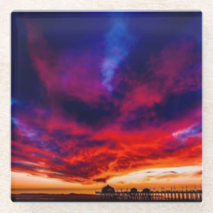 Sonnenuntergang am Pier, Huntington Beach, CA Glasuntersetzer