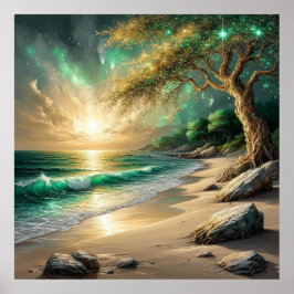 Sonnenuntergang am ruhigen Strand mit mystischem B Poster