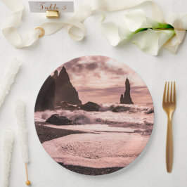 Sonnenuntergang am schwarzen Sandstrand Reynisfjar Pappteller