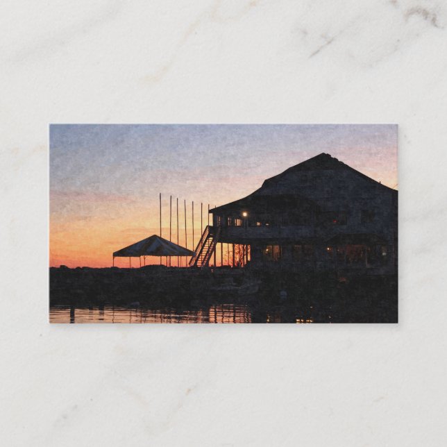 Sonnenuntergang am See mit Gebäude auf dem Deck Visitenkarte (Vorderseite)