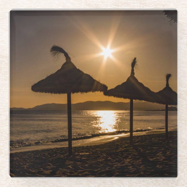 Sonnenuntergang am Strand, Mallorca, Spanien Glasuntersetzer (Vorderseite)