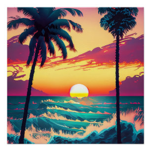 Sonnenuntergang am Strand mit Palmen Poster