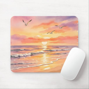 Sonnenuntergang am Strand mit Vögeln Mousepad