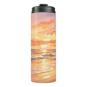 Sonnenuntergang am Strand mit Vögeln Thermosbecher
