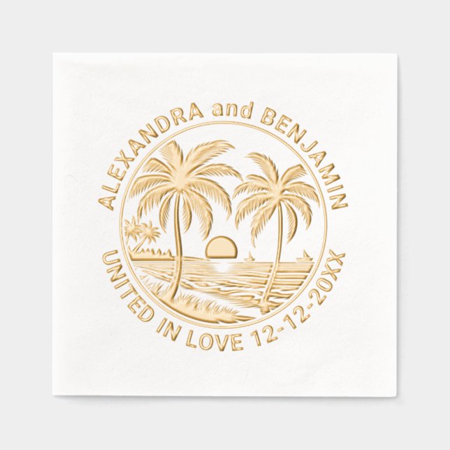 Sonnenuntergang am Strand, Palmen, Hochzeitscouch Servietten Mit Folie (Vorderseite)