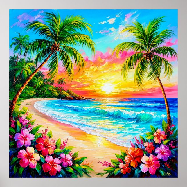 Sonnenuntergang am tropischen Strand mit Palmen Poster (Vorne)