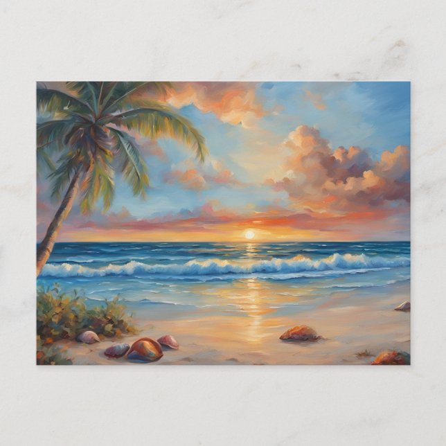 Sonnenuntergang am tropischen Strand mit Palmen Postkarte (Vorderseite)