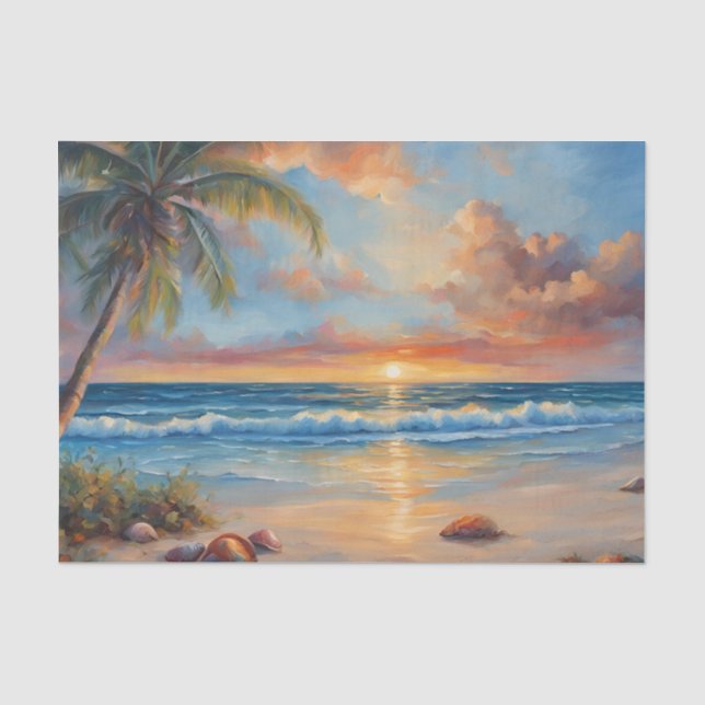 Sonnenuntergang am tropischen Strand mit Palmen Seidenpapier (Vorderseite)
