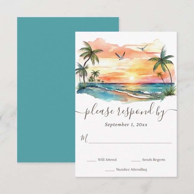 Sonnenuntergang am tropischen Strand RSVP Karte (Vorne/Hinten)