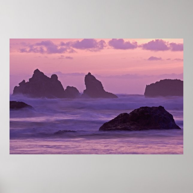 Sonnenuntergang an Bandon Beach Stacks. Poster (Vorne)