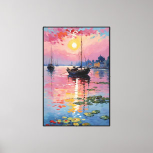 Sonnenuntergang an der Uferpromenade mit Segelboot Leinwanddruck
